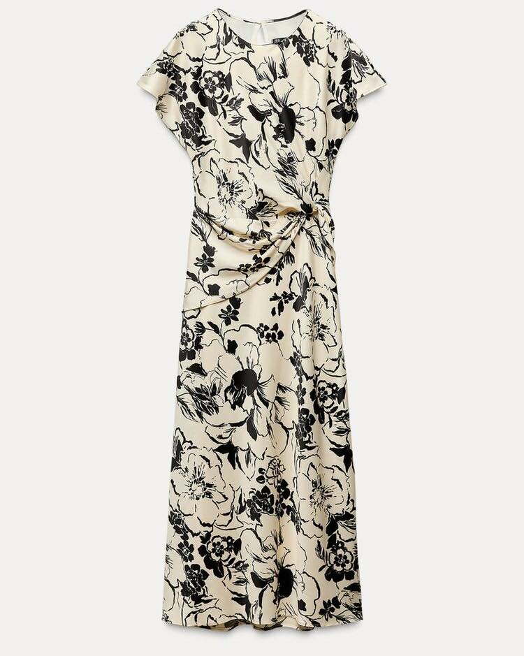 Zara Satin Printed Midi Dress in Black & White 