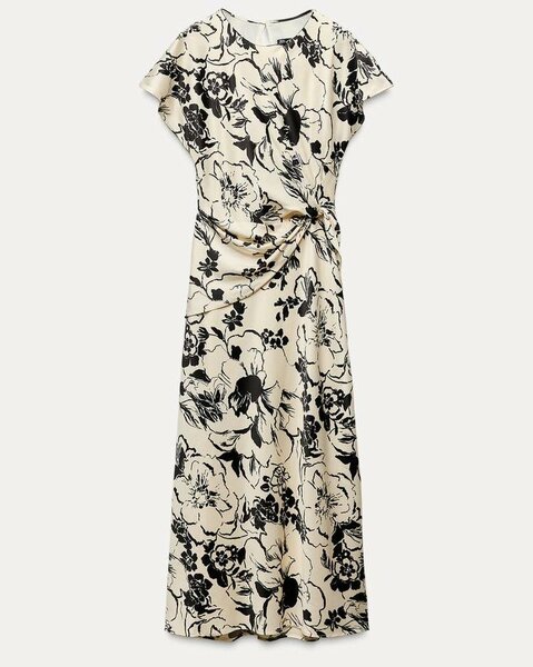 Zara Satin Printed Midi Dress in Black & White 