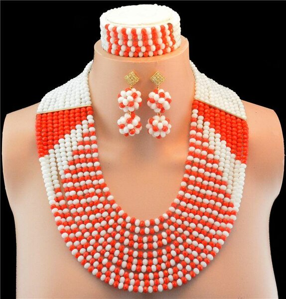 Parure Collier Perles Orange et Blanche