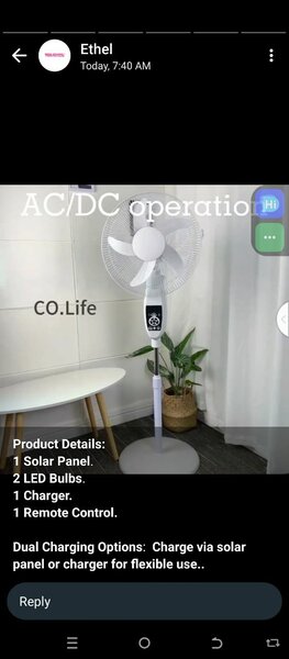 Solar/electric rechargeable fan