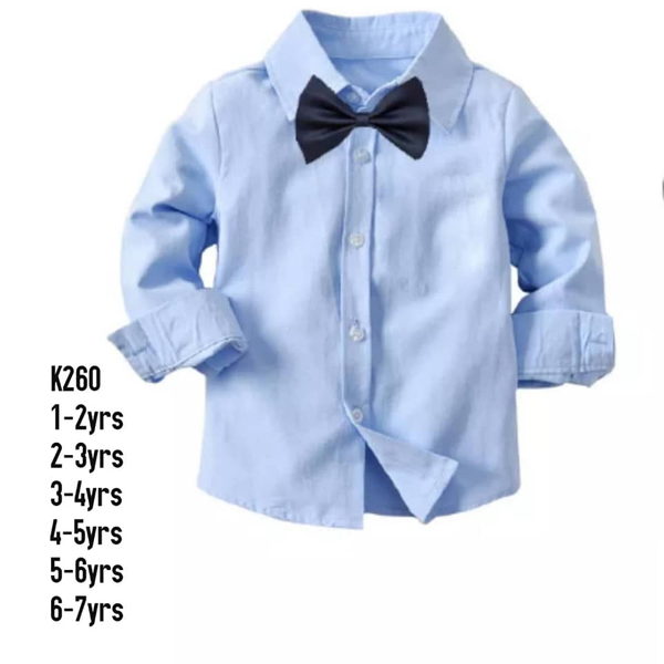 blue shirt with bow tie