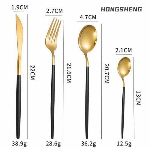 Ensemble De Couverts En Acier Inoxydable Doré, Poignées Noir