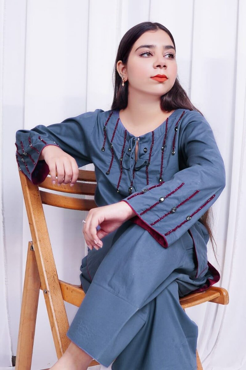 Grey Handmade Stone Work 2-Piece Farshi Shalwar Set