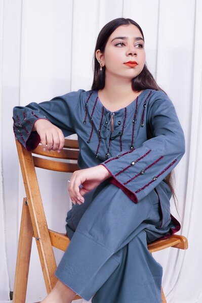 Grey Handmade Stone Work 2-Piece Farshi Shalwar Set