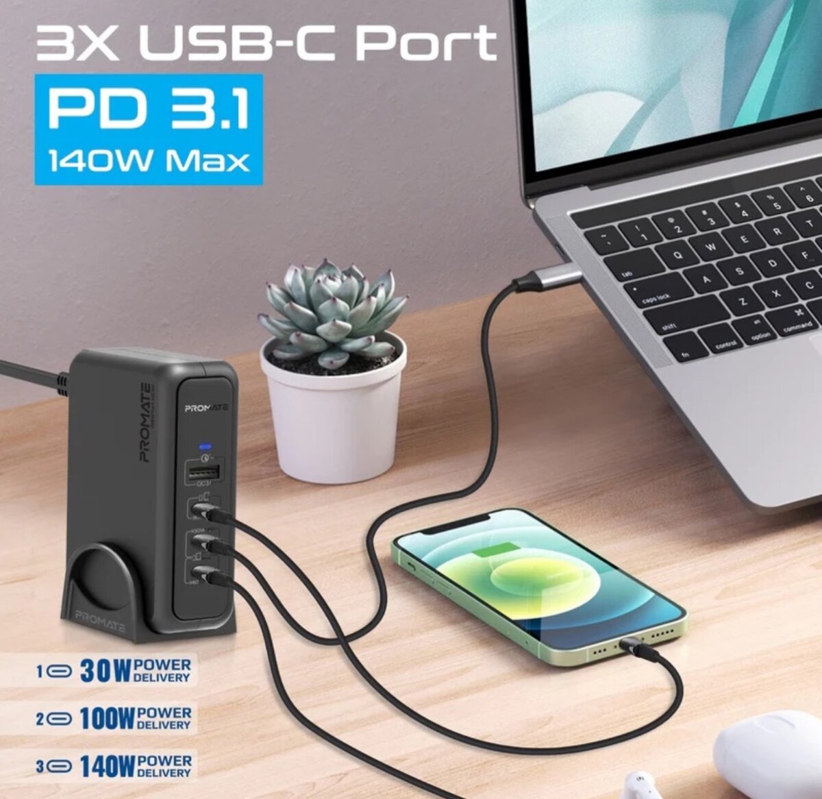 Promate Super Speed GaNFast PD3.1 Charging Station with 140W
