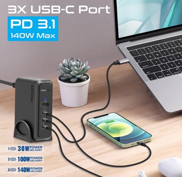 Promate Super Speed GaNFast PD3.1 Charging Station with 140W