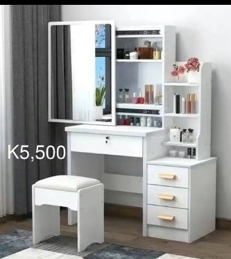 Dressing table with chest of drawers and shelves, mirror, white