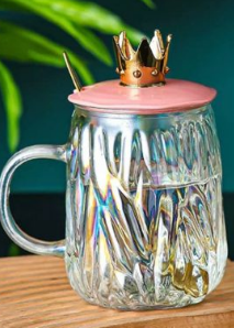 Frozen Ice Texture Iridescent Heat Resistant Glass Tea Cup with Plastic Crown Lid and Tropical Metal Spoon