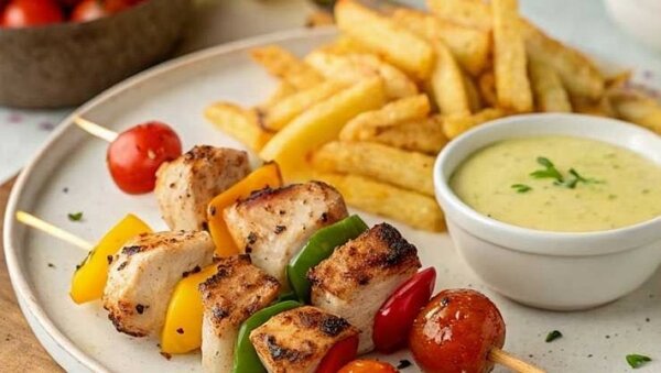 Frites et brochettes de Poulet