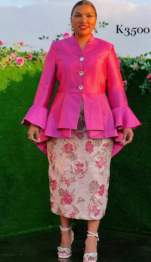 Fuscia Pink Two Piece Satin and Brocade Skirt Suit