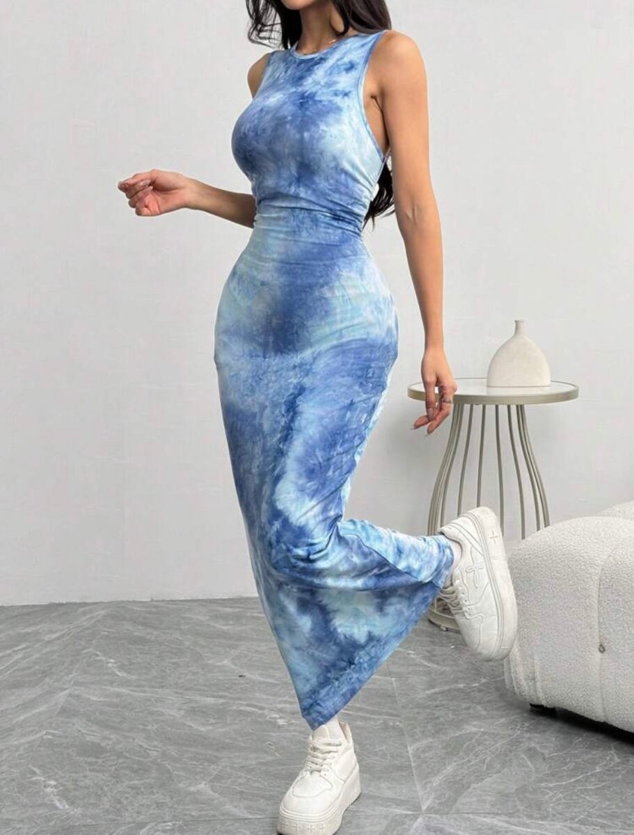 Robe Longue Mélangée Bleu Femme
