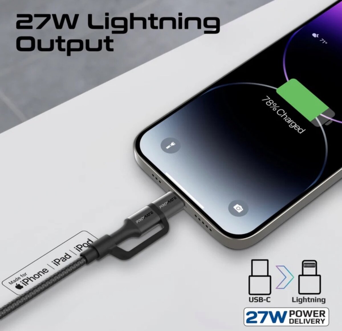 Promate 2-in-1 MFi USB-C to USB-C and Lightning cable