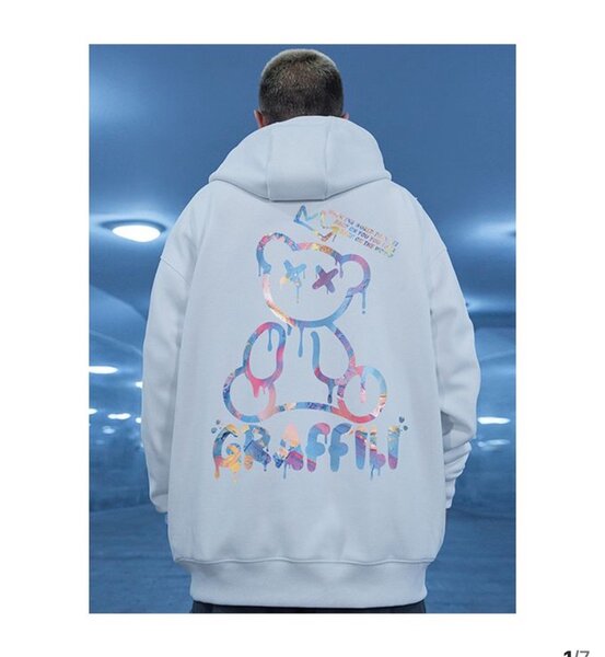 High Street Graffiti Bear Print Men's Fleece Hoodie Retro Au