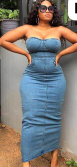 Robe midi skinny en jean sans bretelles