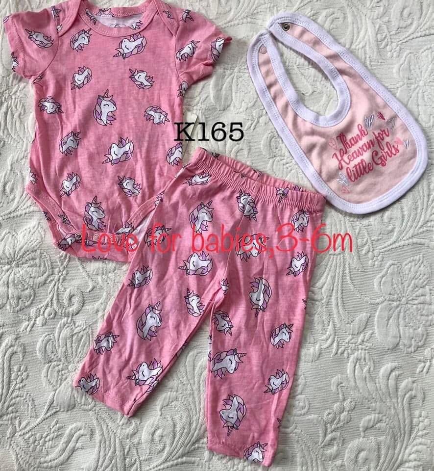 Set of bodysuit, pants, bib, pink with unicorn, 3-6m