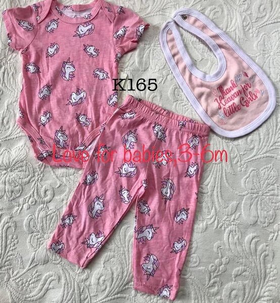 Set of bodysuit, pants, bib, pink with unicorn, 3-6m