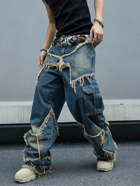 Jeans style décontracté en denim effiloché pour hommes