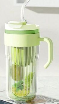 Plastic Handle Vertical Stripes Glass Tumbler with Infuser, Splash-Proof Lid and Reusable Straw