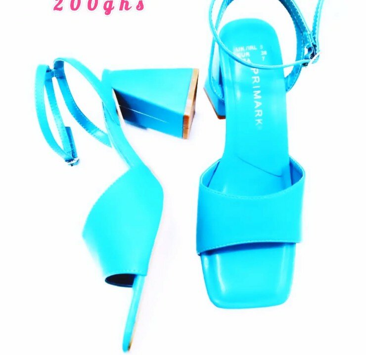 Bright blue sandals with thick heels