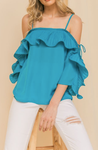 Lopez Light Weight Turquoise Cold Shoulder Ruffled Pleat Top