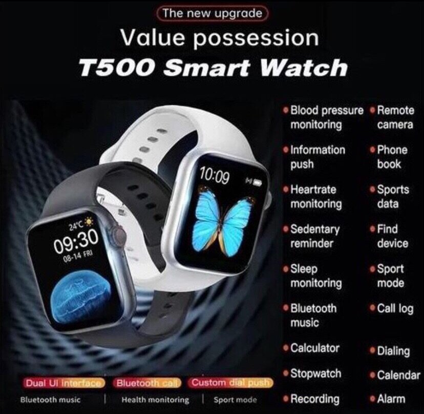 T500 Black Smart Watch for iOS and Android