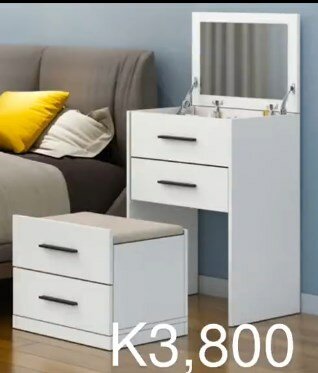 Bedside table with mirror and pull-out pouf with drawers, white