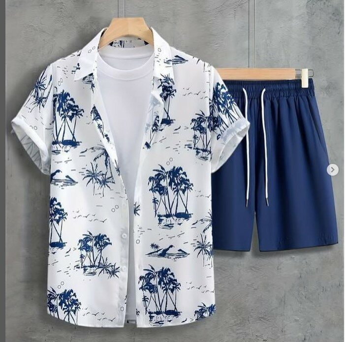 Beautiful light summer men's outfit (short sleeve shirt with print + shorts)