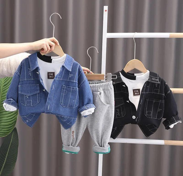 sweat pants denim jacket and long sleeve shirt