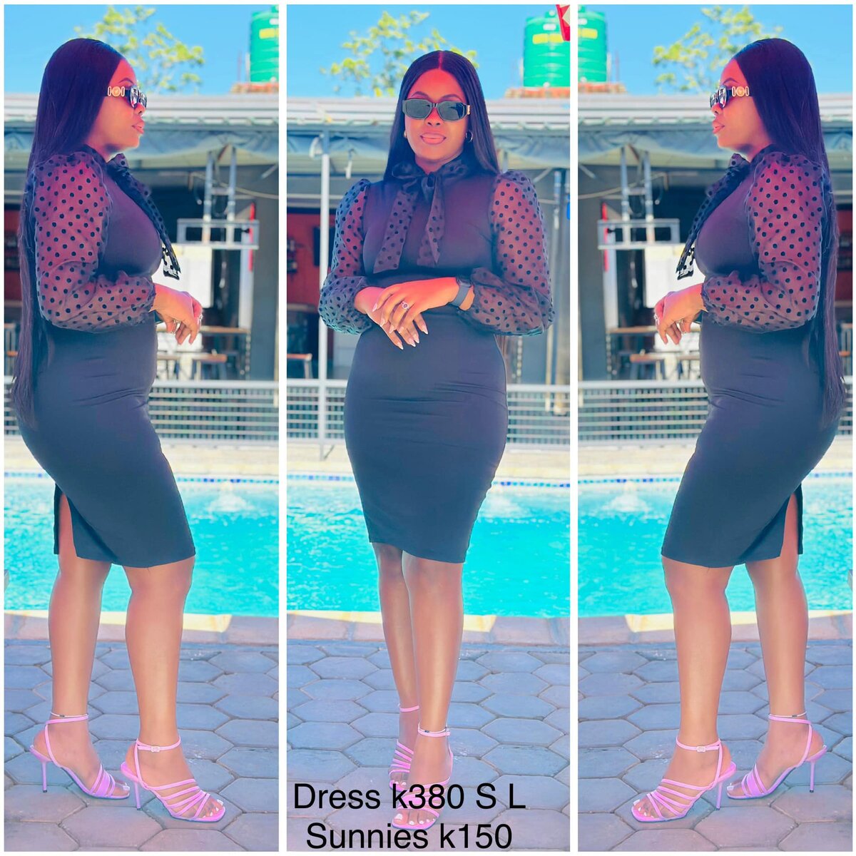 Dress black, sleeve transparent with polka dots, size S, L