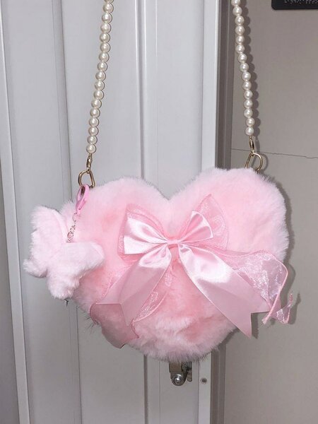 Sac peluche cœur rose