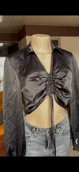 Chemisier Satin Noir Froncé