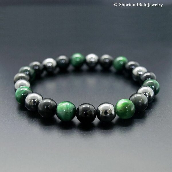 Bracelet œil de tigre vert + Hématite + obsidienne noire