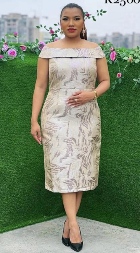 Beige Brocade Off Shoulder Dress