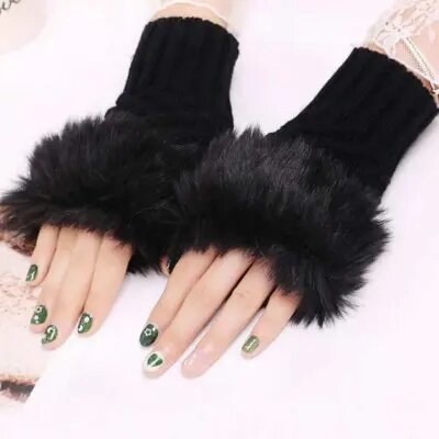 Finger less Fur Mittens Gloves for Women - Black Finger less Fur Mittens Gloves for Women - Black