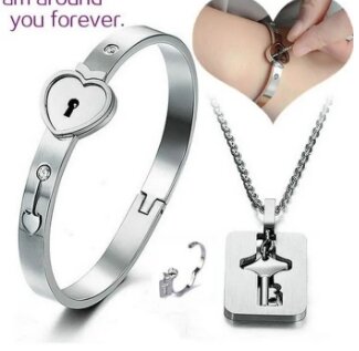 High Qualtiy Couple Lovers Jewelry Love Heart Lock Bracelet Stainless Steel Bracelets men Key Pendant