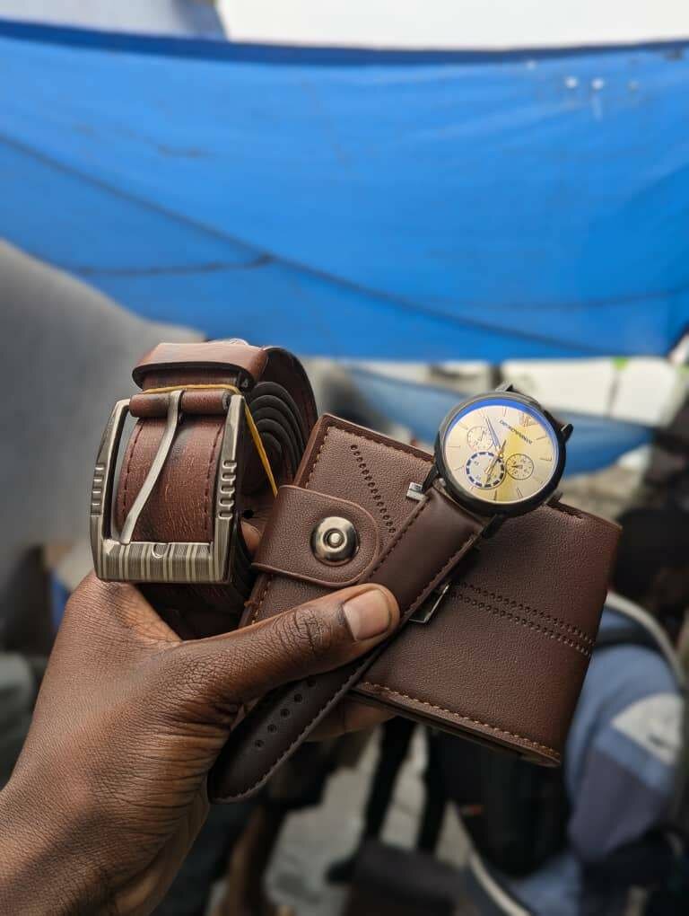 Combo of wallet, belt and watch
