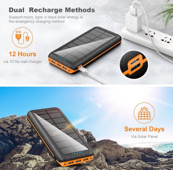 Portable Charger Solar Power Bank 30000mAh Battery Pack