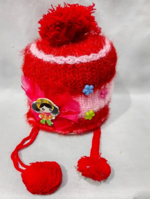 KNITTED WINTER WOOLEN HAT FOR GIRLS WITH BEAUTIFUL MONO OF DOLL 1 PIECE