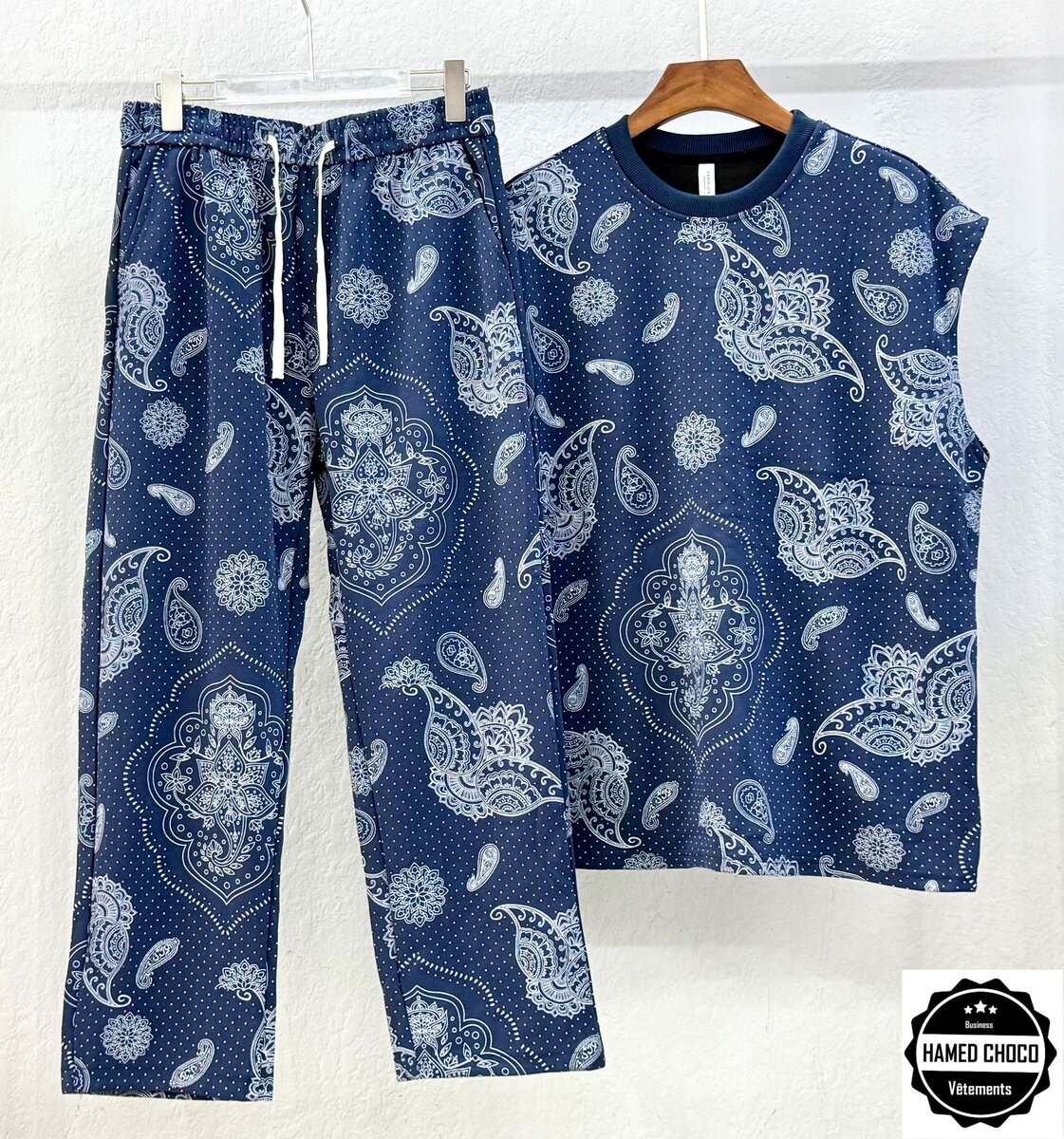 Pyjama bleu en coton motif cachemire