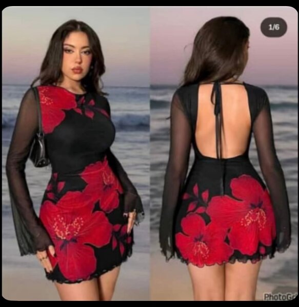 Robe élégante noire à fleurs rouges