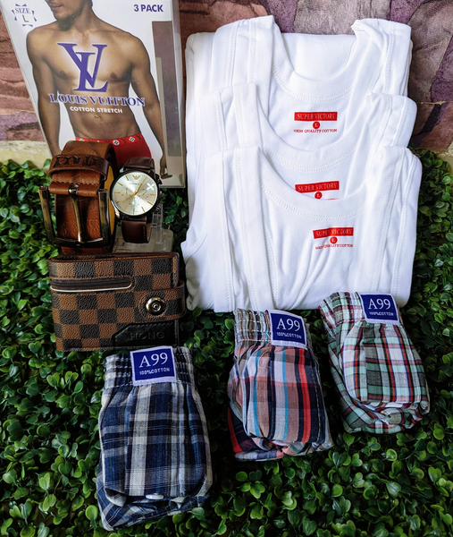 Combo of a watch, wallet, belt 3 boxers and 3 vests