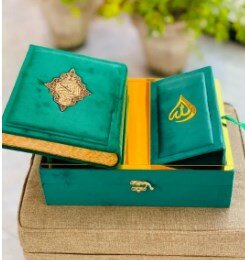 Kanz ul Eman Wooden velvet Quran e Pak With Translation Wooden Velvet Rehl Box | Quran Majeed Gift Box | Quran Gift | Bridal Gift | Quran set green