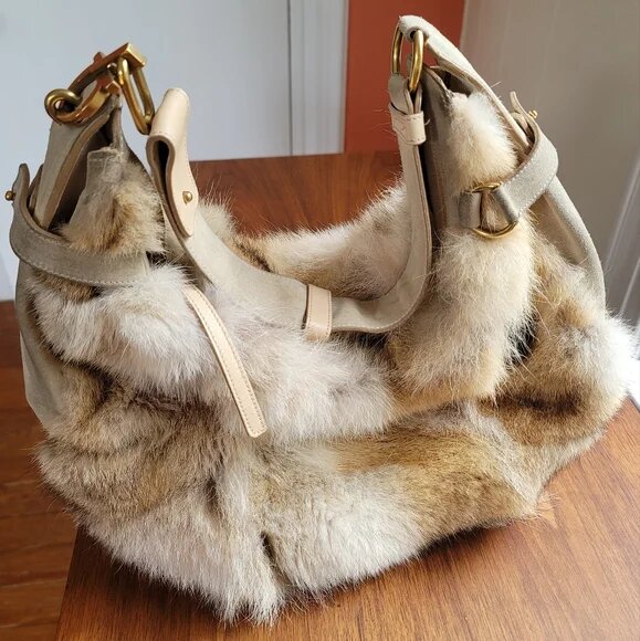 SALVATORE FERRAGAMO FUR & LEATHER SLOUCHY HOBO SHOULDER BAG