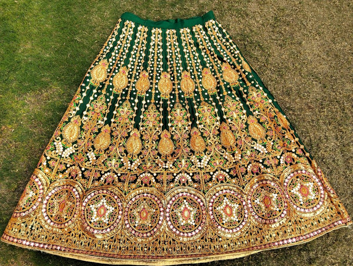 Lehenga with Dubata , Dark green with multi color dubata