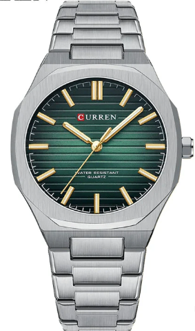 M:8456 Curren Green Dial Silver Stainless Steel Chain Analog