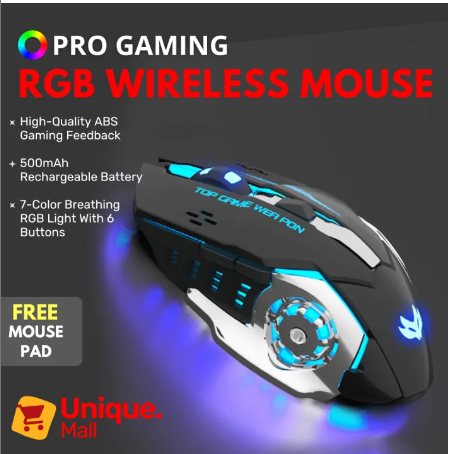 RGB】Rechargeable RGB Wireless Gaming Mouse With Free Mouse Pad 3200 dpi Mechanical 6 Programmable Buttons - USB Dongle Optical LED Bluetooth Wireless Mouse - 2.4GHz 7M LED Light for Smart TV, PC, Laptop, Computer, Gaming, Pubg Mobile - Unique. Mall