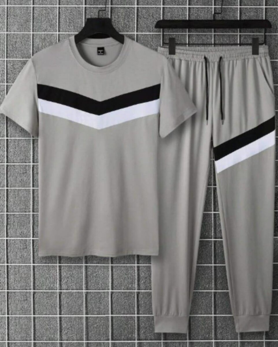 Men's grey micro tracksuit - 2pcs set with round neck