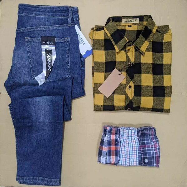 Men's set:jeans, plaid shirt and underpants(3 pcs)