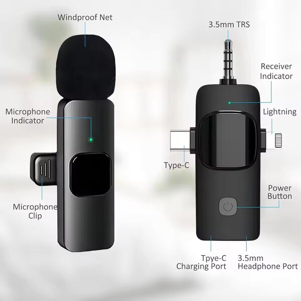 Wireless Lavalier Microphone K15 for iPhone Android 3.5mm fo