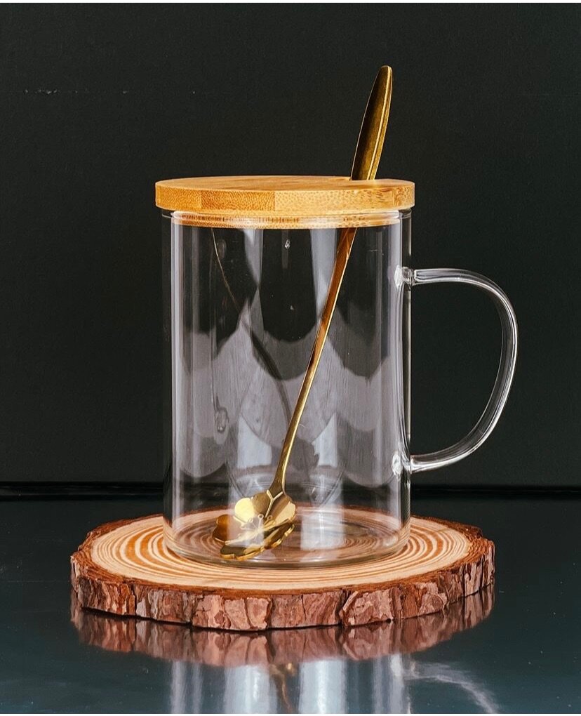 lBamboo Lid Borosilicate Glass Cup with Metal Spoon